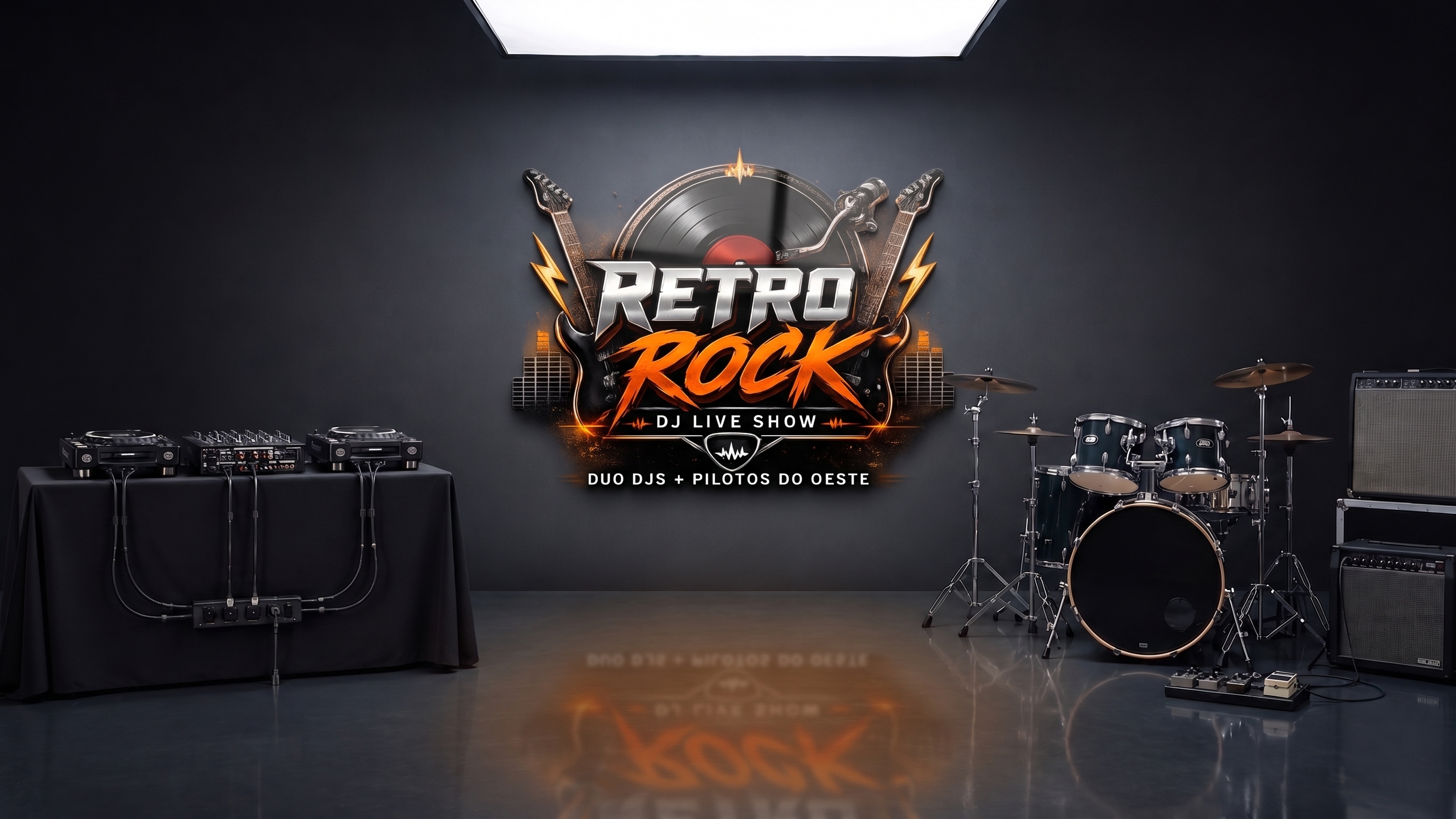 Palco do Retrô Rock com equipamento de DJ e bateria lado a lado, sob o letreiro do projeto